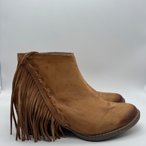 Circle G Shoes - Circle G Tan Leather Fringe Western Ankle Boots Q0035‎ Whipstitch Size 9.5M